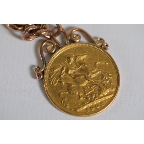 197 - A mounted gold sovereign, 1902. Plus a 9ct rose gold watch chain overall weight 25.19grams