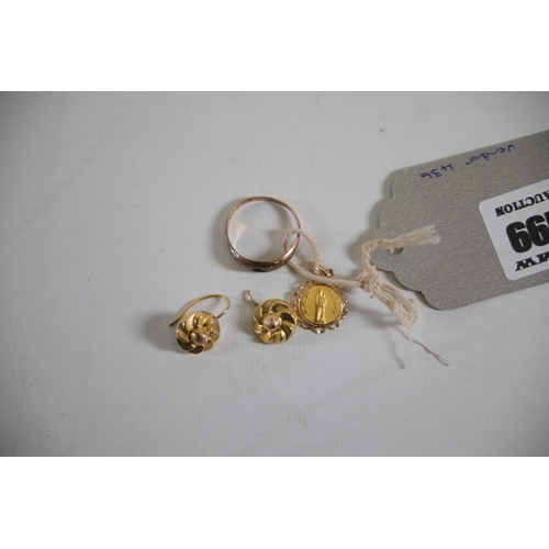 199 - 18ct gold pendant 1.16grams and a 9ct gold ring 0.7 grams. Plus 2 18ct gold earrings weighing 2.16 g... 