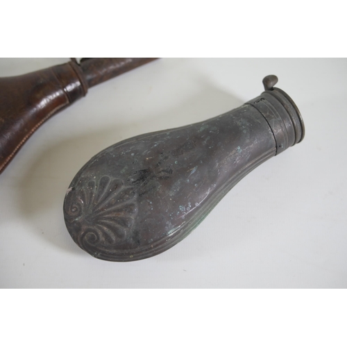 210 - Antique Gun Powder Horn Flasks x2, 1 is leather, depcits a hunting scene with dogs (full of shot) 3l... 