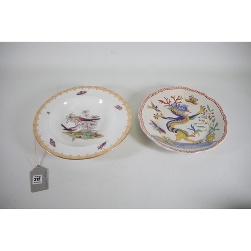 212 - An Antique signed polychrome plate (hand painted of a dragon) plus a decorated plate of birds and in... 