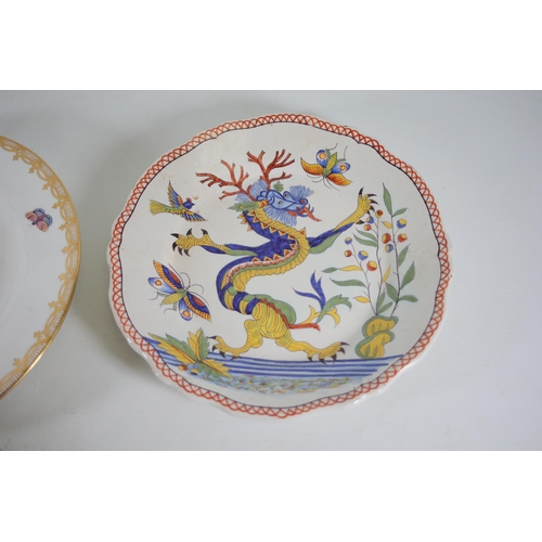 212 - An Antique signed polychrome plate (hand painted of a dragon) plus a decorated plate of birds and in... 