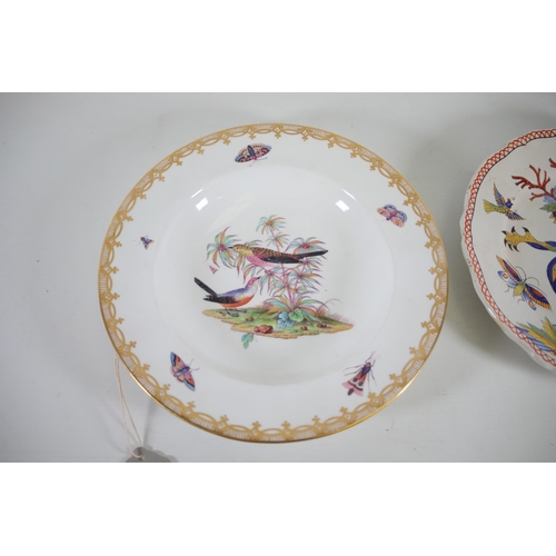 212 - An Antique signed polychrome plate (hand painted of a dragon) plus a decorated plate of birds and in... 