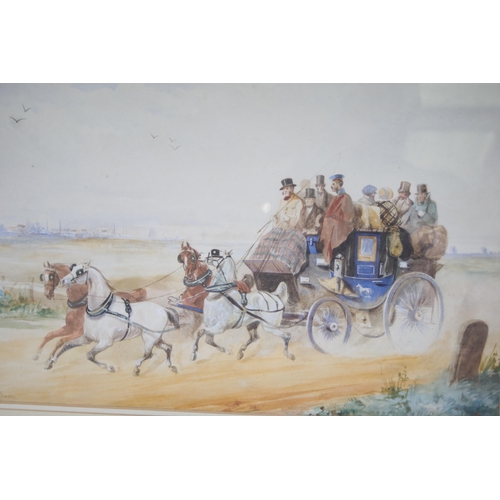 215 - An Alfred De Prades watercolour of the Dover to London Mail coach Circa 1862-1879 Frame 29 by 22 inc... 