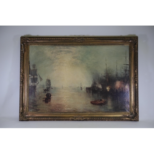 216 - Reproduction Oil on Canvas J W Turner Keelmen Heaving coal by moonlight, 1835, Slight crazing on can... 