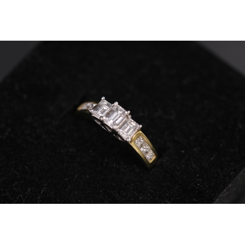 36 - 3 Emerald cut diamonds Cathedral set 18 yellow gold ring it also has diamond shoulders on the ring a... 