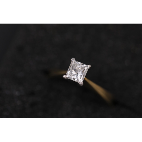 38 - 0.5CT Princess cut diamond Solitaire ring in 18ct yellow gold ring size is N