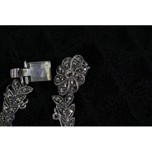 55 - Vintage silver and Marcasite necklace, and matching clip on earrings, weight 42grams