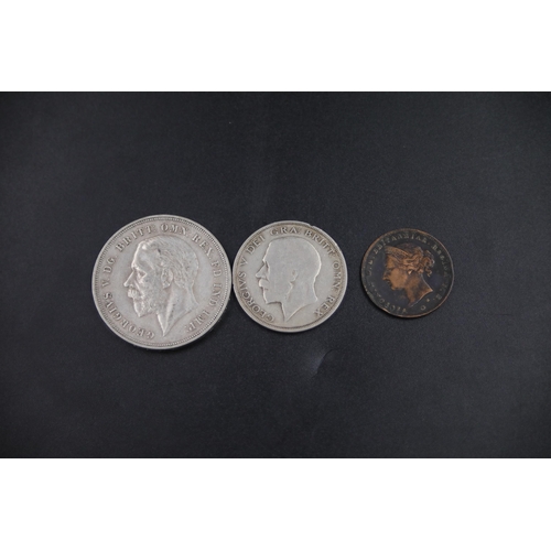 79 - Victorian Jersey 1 penny dated 1877 and Edward the 7th half crown silver 1921 and George the 5th 193... 