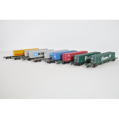 196 - Dapol Container Transporters x8 OO Gauge with containers branded with names like Maersk x3, 1 DHL, B... 