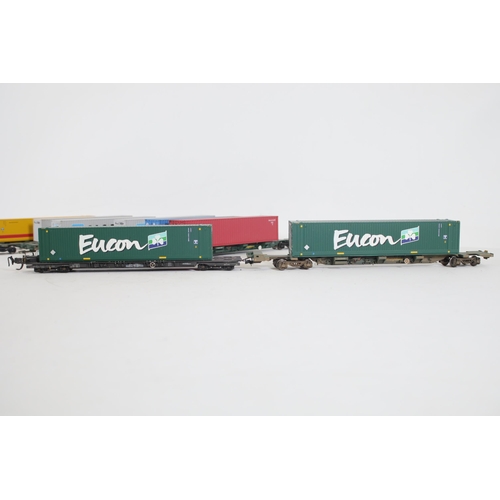 196 - Dapol Container Transporters x8 OO Gauge with containers branded with names like Maersk x3, 1 DHL, B... 