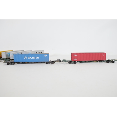 196 - Dapol Container Transporters x8 OO Gauge with containers branded with names like Maersk x3, 1 DHL, B... 