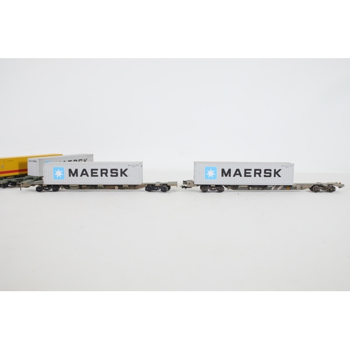 196 - Dapol Container Transporters x8 OO Gauge with containers branded with names like Maersk x3, 1 DHL, B... 