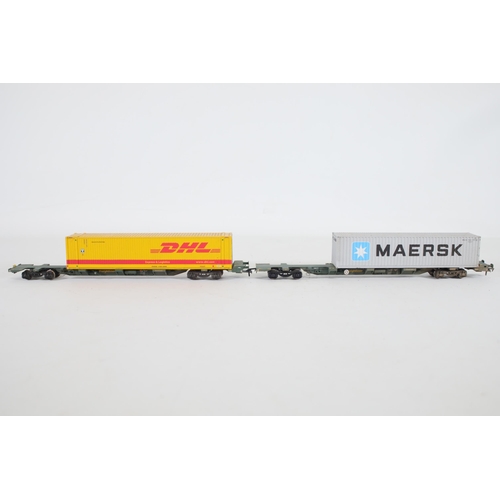 196 - Dapol Container Transporters x8 OO Gauge with containers branded with names like Maersk x3, 1 DHL, B... 