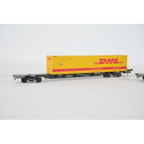 196 - Dapol Container Transporters x8 OO Gauge with containers branded with names like Maersk x3, 1 DHL, B... 