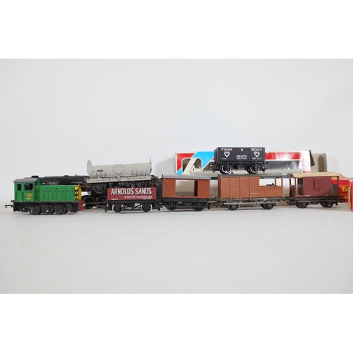 228 - 2 Locomotives Hornby and Lima with 11 Hornby Goods Wagons and some boxes. British Rail Black 92166 H... 