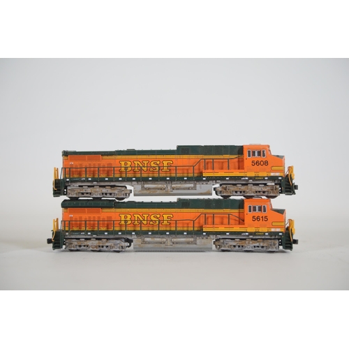 242 - 2 N Gauge Locomotives KATO BNSF 5608 5615 plus Dapol blue circle carriage. The Dapol carriage is mis... 