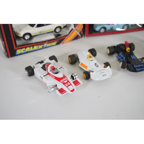 307 - 7 Vintage Scalextric cars 3 boxed and controller to include Scalextric made by minimodels limited Tr... 