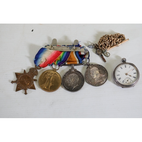 415 - Group of WW1 Royal Navy Medals K18135 A.G Green, L STO R.F, with a John Harrison 9047 Silver Pocket ... 