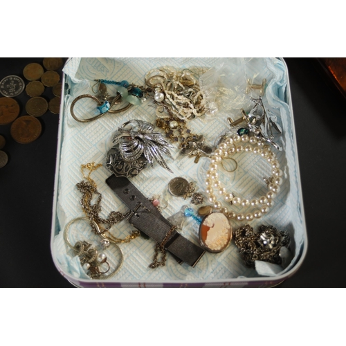 709 - Large collection of costume Jewellery including some mixed coinage from Hong Kong, Marcasite, Cameo,... 