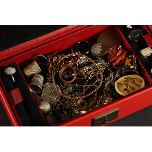 714 - A beautiful basket of vintage costume jewellery, in a red container. Includes rings, earrings and ne... 