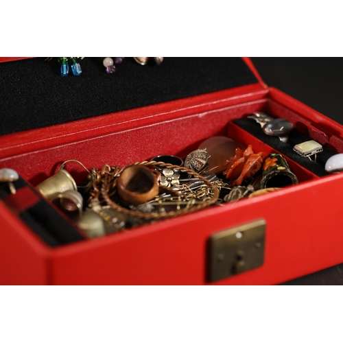 714 - A beautiful basket of vintage costume jewellery, in a red container. Includes rings, earrings and ne... 