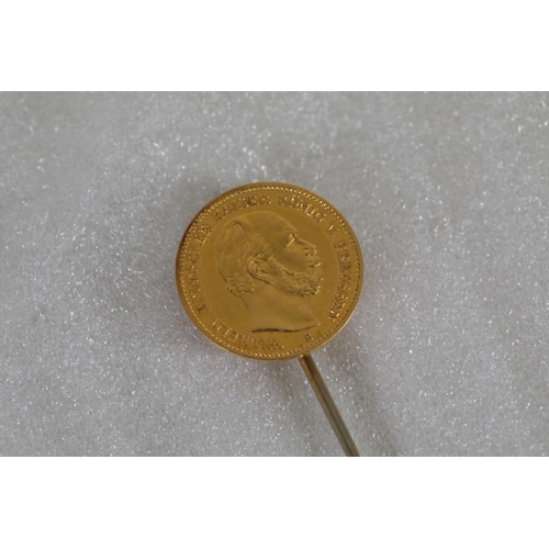 717 - 5 Mark Wilhelm 1st Kingdom of Prussia Gold Coin dated 1877, mounted to a pin.