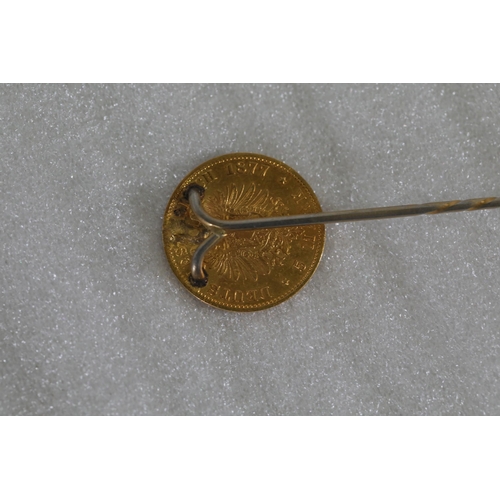 717 - 5 Mark Wilhelm 1st Kingdom of Prussia Gold Coin dated 1877, mounted to a pin.