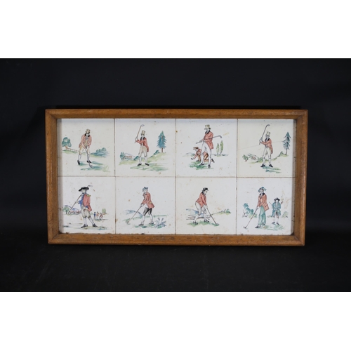 730 - Victorian Tiles of Golf Scenes in a Wooden Tray