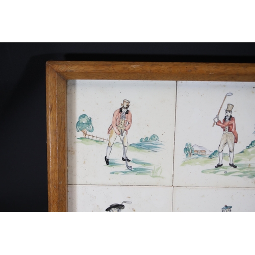 730 - Victorian Tiles of Golf Scenes in a Wooden Tray