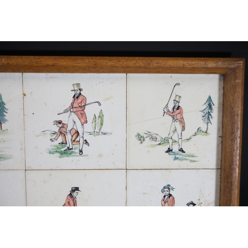 730 - Victorian Tiles of Golf Scenes in a Wooden Tray