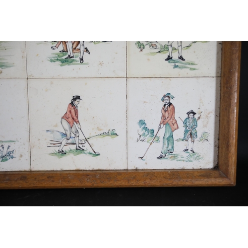 730 - Victorian Tiles of Golf Scenes in a Wooden Tray