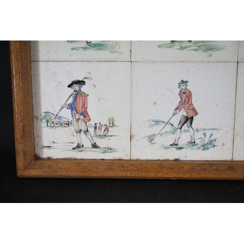 730 - Victorian Tiles of Golf Scenes in a Wooden Tray