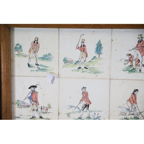 730 - Victorian Tiles of Golf Scenes in a Wooden Tray