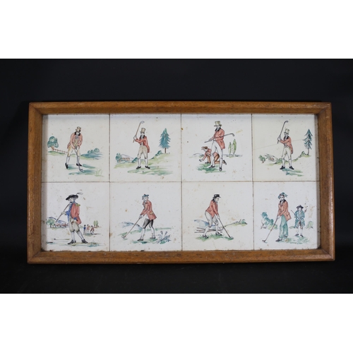 730 - Victorian Tiles of Golf Scenes in a Wooden Tray