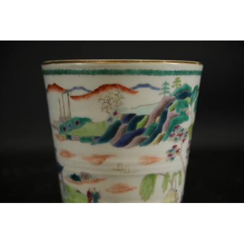 734 - Canton Enamel Brush Pot, which has been used as a plant pot. Dimensions: Height 11cm, Width 12cm, De... 