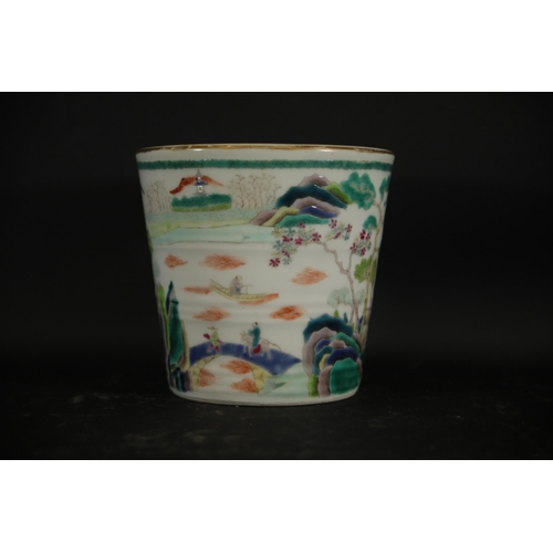 734 - Canton Enamel Brush Pot, which has been used as a plant pot. Dimensions: Height 11cm, Width 12cm, De... 