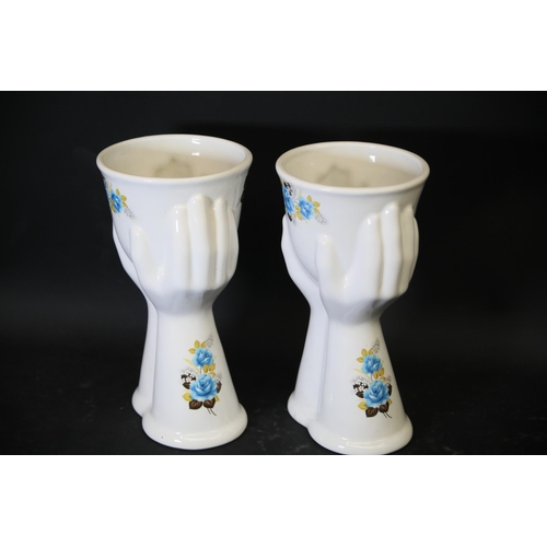 116 - Pair of 20th Century Romanian Ceramic Floral Flower Vases, one slightly damaged. Dimensions: Height ... 