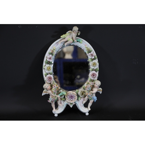 384 - German Porcelain Cherub Floral Vanity Mirror - Dresden / Meissen Crossed Sword Mark