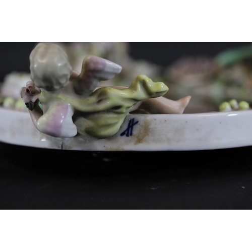 384 - German Porcelain Cherub Floral Vanity Mirror - Dresden / Meissen Crossed Sword Mark