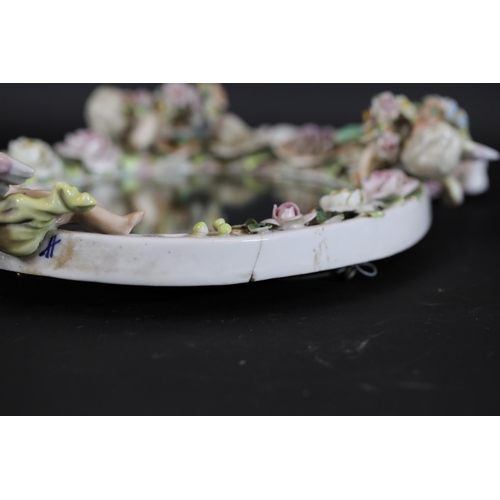 384 - German Porcelain Cherub Floral Vanity Mirror - Dresden / Meissen Crossed Sword Mark