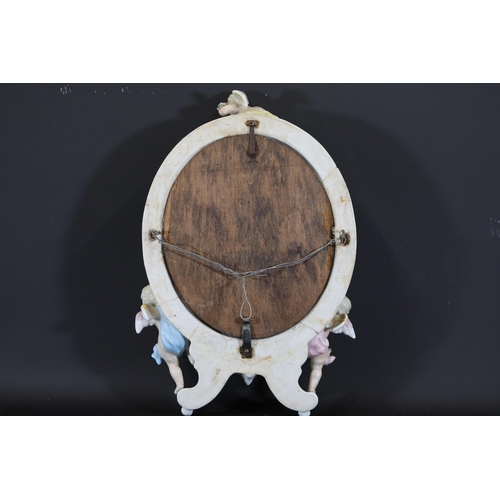384 - German Porcelain Cherub Floral Vanity Mirror - Dresden / Meissen Crossed Sword Mark