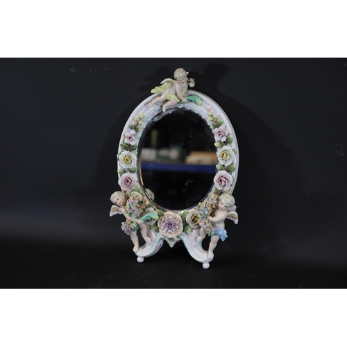 384 - German Porcelain Cherub Floral Vanity Mirror - Dresden / Meissen Crossed Sword Mark