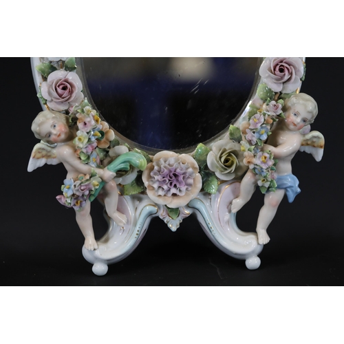 384 - German Porcelain Cherub Floral Vanity Mirror - Dresden / Meissen Crossed Sword Mark