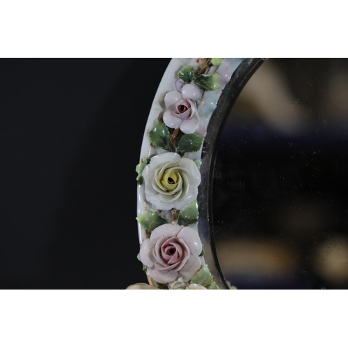 384 - German Porcelain Cherub Floral Vanity Mirror - Dresden / Meissen Crossed Sword Mark