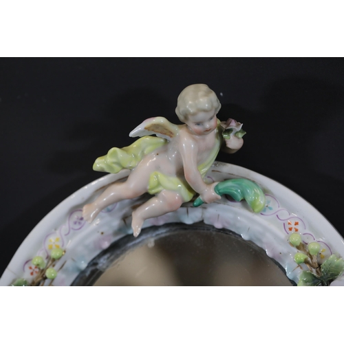 384 - German Porcelain Cherub Floral Vanity Mirror - Dresden / Meissen Crossed Sword Mark
