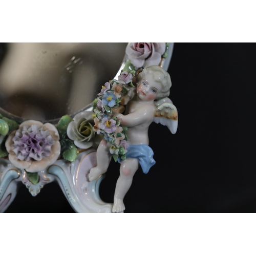 384 - German Porcelain Cherub Floral Vanity Mirror - Dresden / Meissen Crossed Sword Mark
