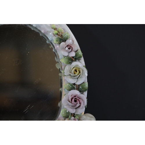 384 - German Porcelain Cherub Floral Vanity Mirror - Dresden / Meissen Crossed Sword Mark