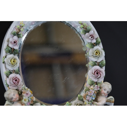 384 - German Porcelain Cherub Floral Vanity Mirror - Dresden / Meissen Crossed Sword Mark
