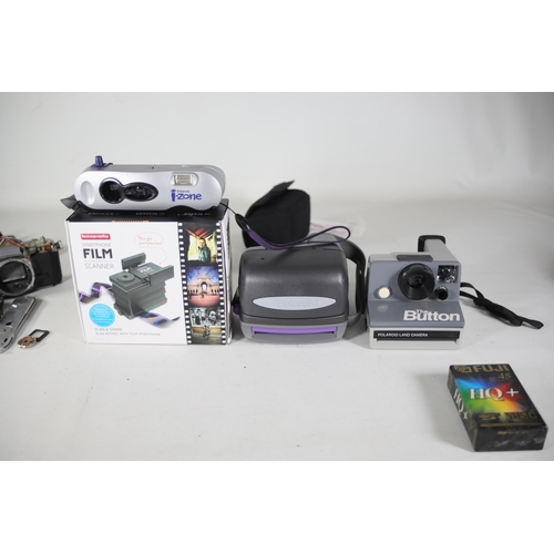 47 - Job Lot Video Cameras and a Camera Lens plus some polaroid style cameras