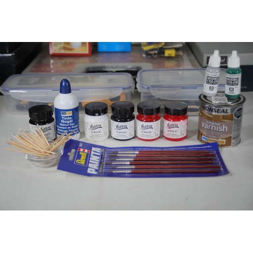 61 - Model Ship Maker's Tools, Accessories, and Mighty Bright Light

- Various paint bottles including:
 ... 